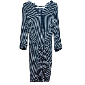 GAP M Navy White Vertical Stripe Wrap Dress Midi Long Sleeve V-Neck Tie Waist